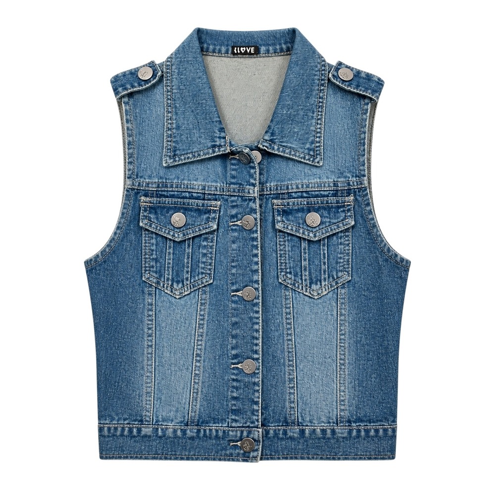 I Love Women Medium Blue Denim Vest Button Front Sleeveless Jacket